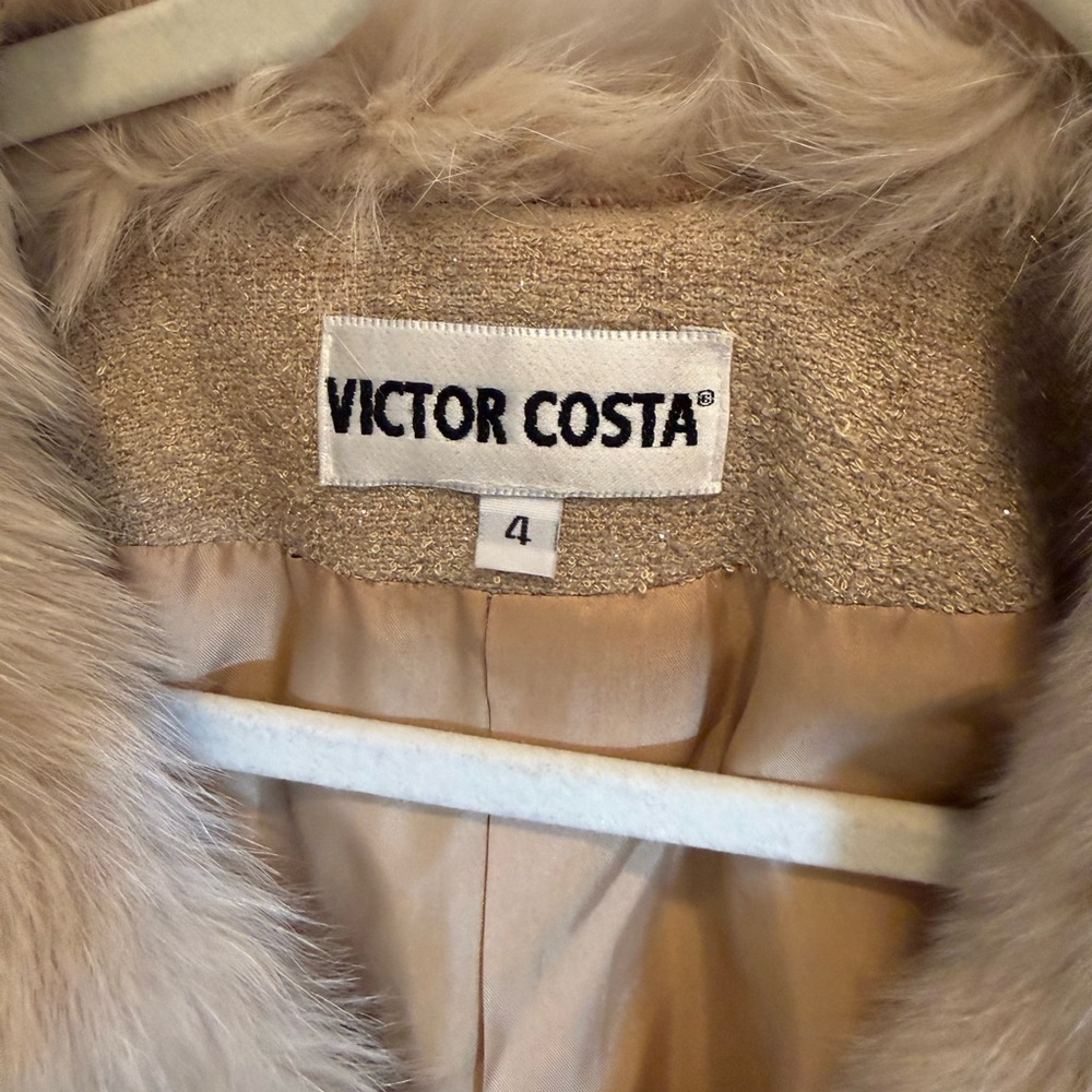 VINTAGE Victor Costa Beige Faux Fur Trimmed Shimmer Suit Set - Picture 4 of 11
